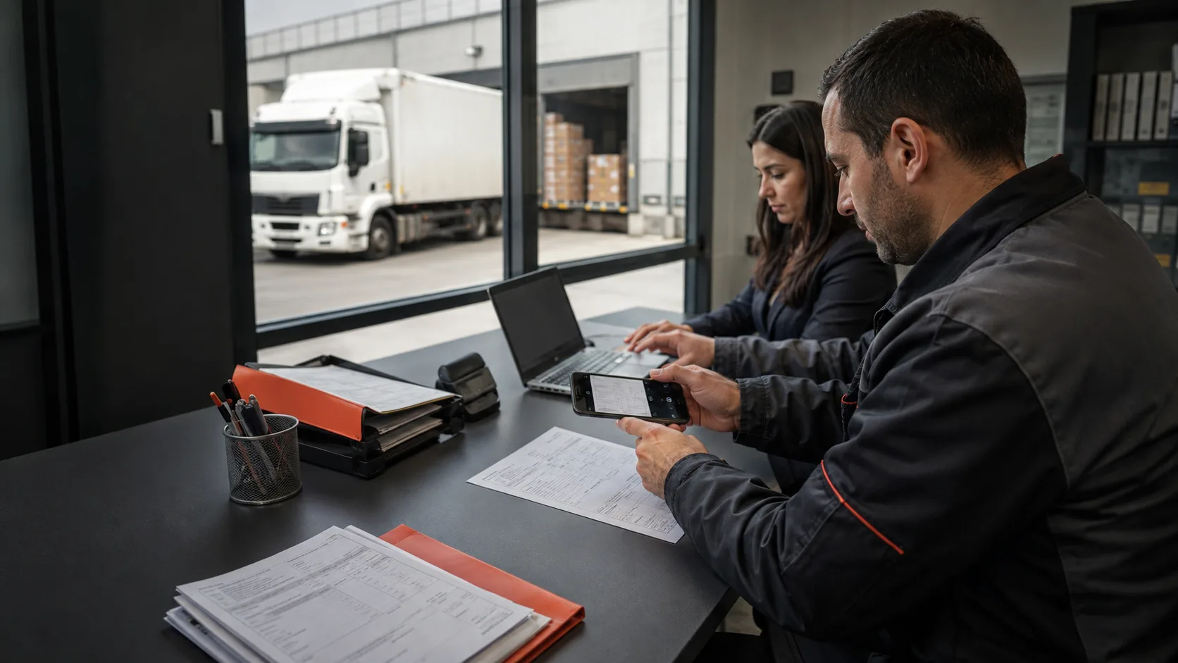 Lojistik ofisinde bir çalışan sevk belgesini telefonla dijitalleştirirken ekip arkadaşı bilgisayarda kontrol yapıyor; pencereden kamyon ve yükleme alanı görünüyor.