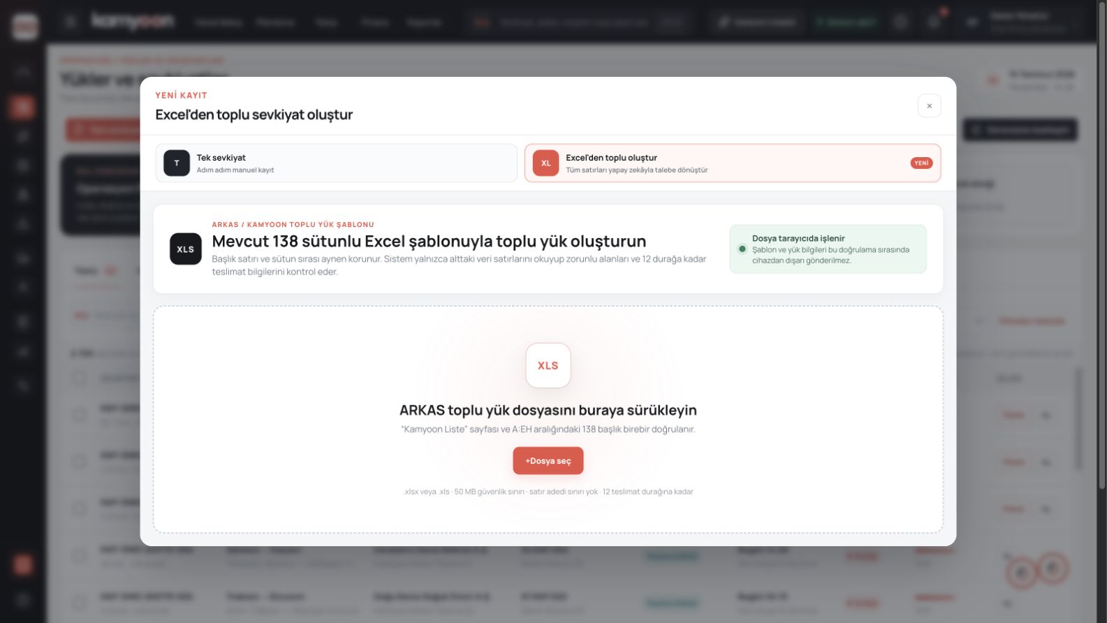 Kamyoon Excel toplu taşıma talebi doğrulama ekranı