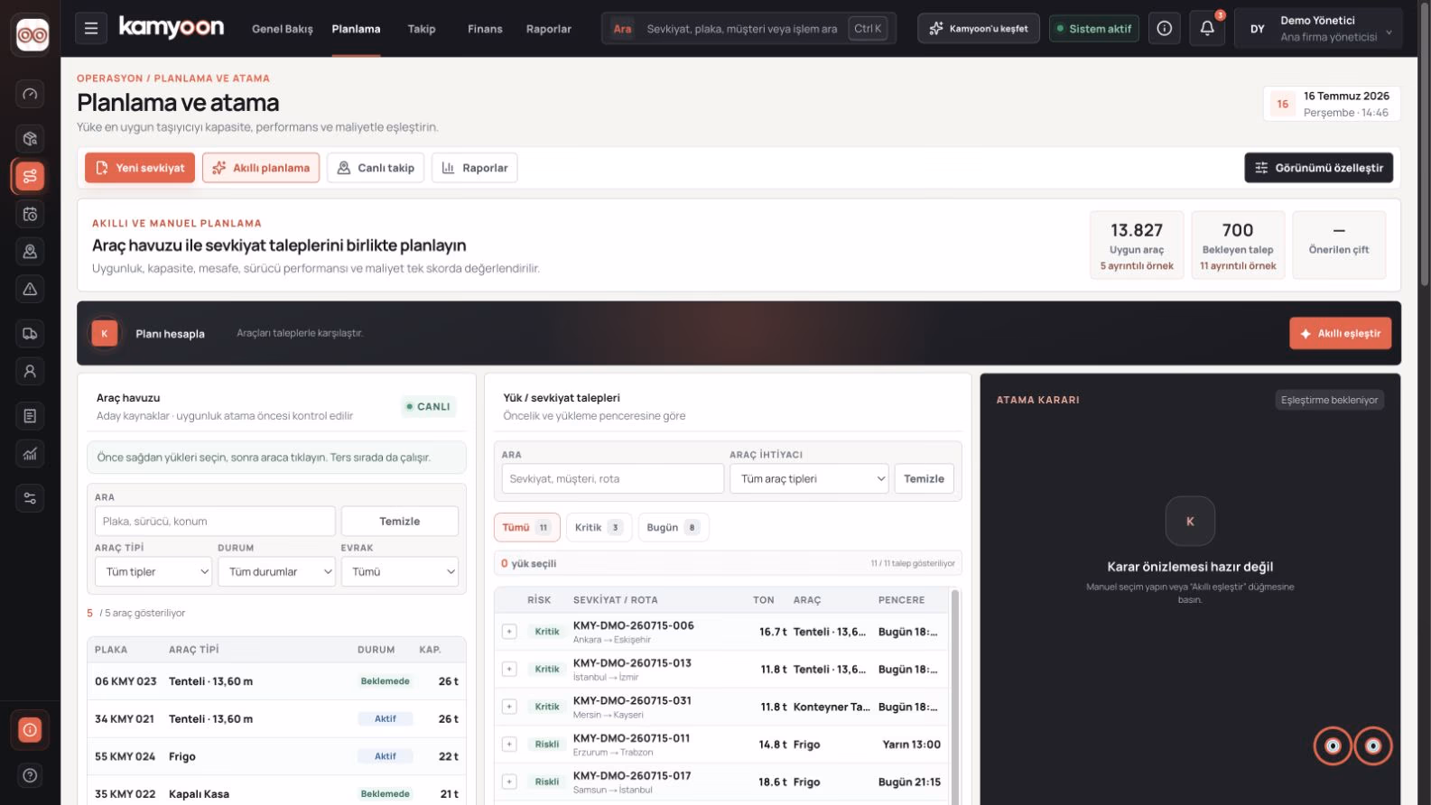 Kamyoon araç tedarik platformunda yük ve araç havuzları