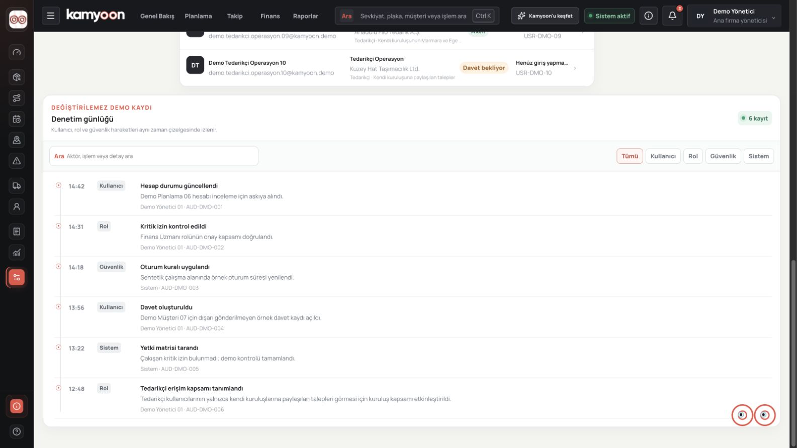 Kamyoon yönetim ekranında denetim günlüğü ve değişiklik kayıtları
