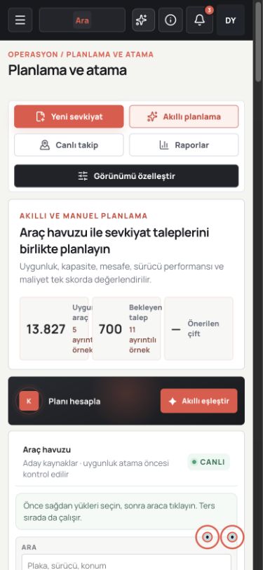 Kamyoon mobil planlama ve atama ekranı