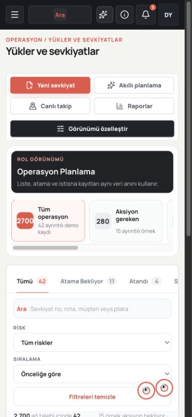 Kamyoon mobil yük ve sevkiyat listesi ekranı