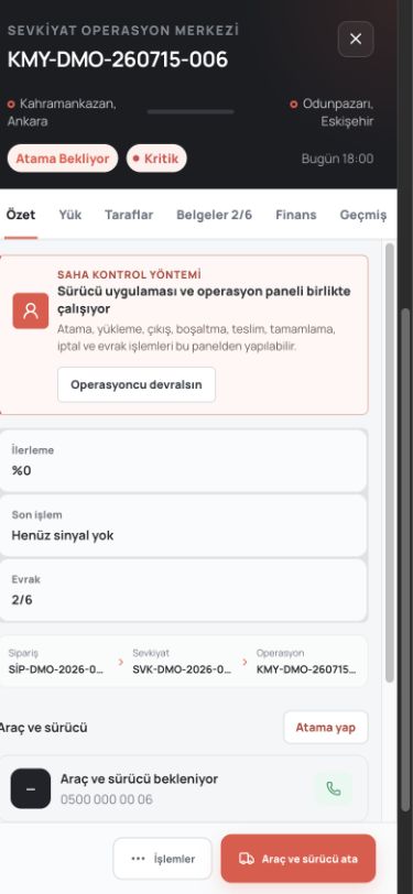 Kamyoon mobil sevkiyat detay ekranı