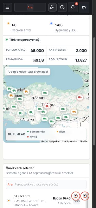 Kamyoon kamyoncu uygulamasında mobil canlı sefer takibi