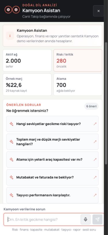 Kamyoon AI mobil asistan ve doğal dil analizi ekranı